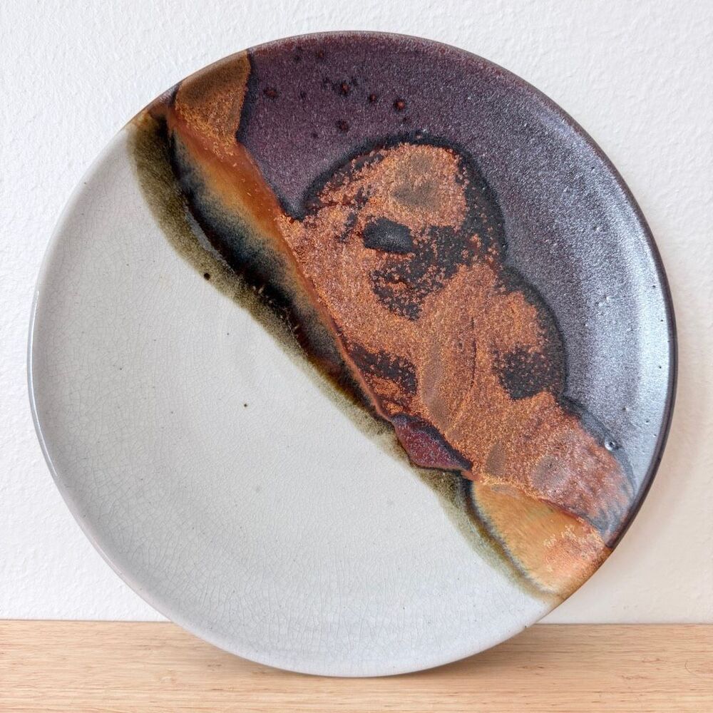 Studio Art Pottery Hand-Thrown Dinner Plate Glaze Signed 10.5” Swirled Vintage